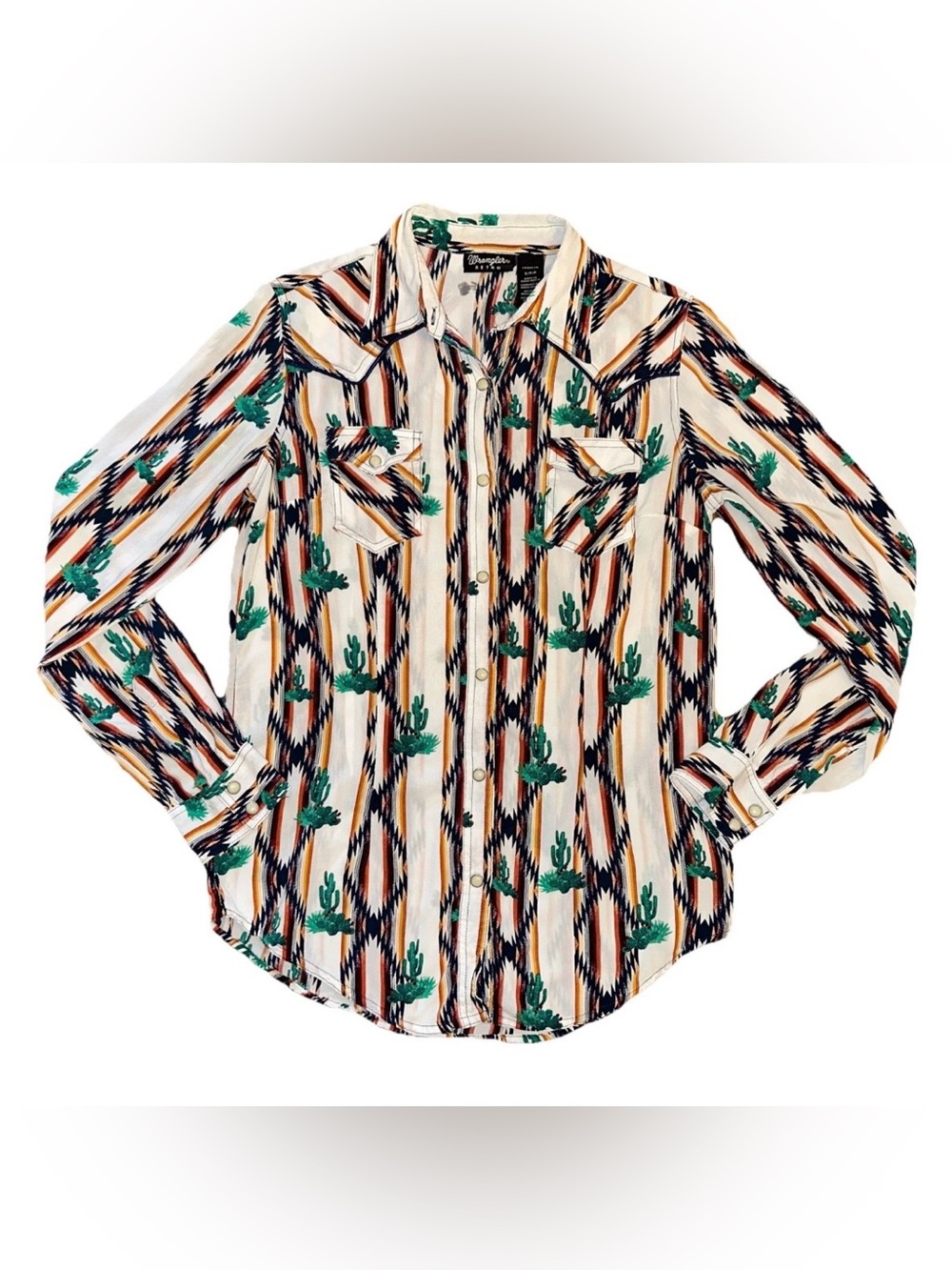 Wrangler Retro Pearl Snap Aztec Western Shirt Womens S Cute Cactus Rodeo Rayon